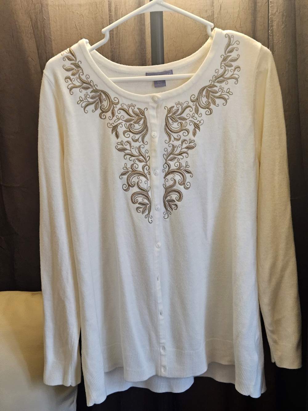 Laura Scott Cream Cardigan with Gold Embroidered Neckline
